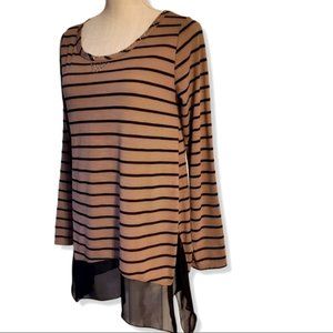 FRENCH LAUNDRY | Women's tan, black-striped cascading-hem blouse. Size  medium.